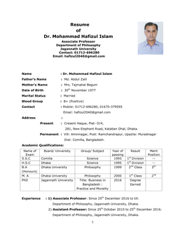 Resume of Dr. Mohammad Hafizul Islam Associate Professor Department of Philosophy Jagannath University Contact: 01712-696280 Email: Hafizul2040@Gmail.Com