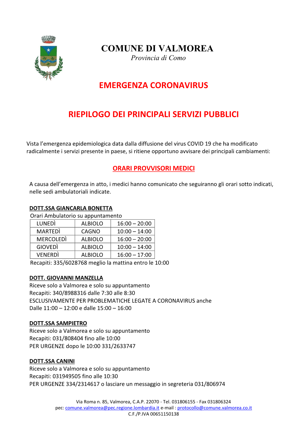 Comune Di Valmorea Emergenza Coronavirus