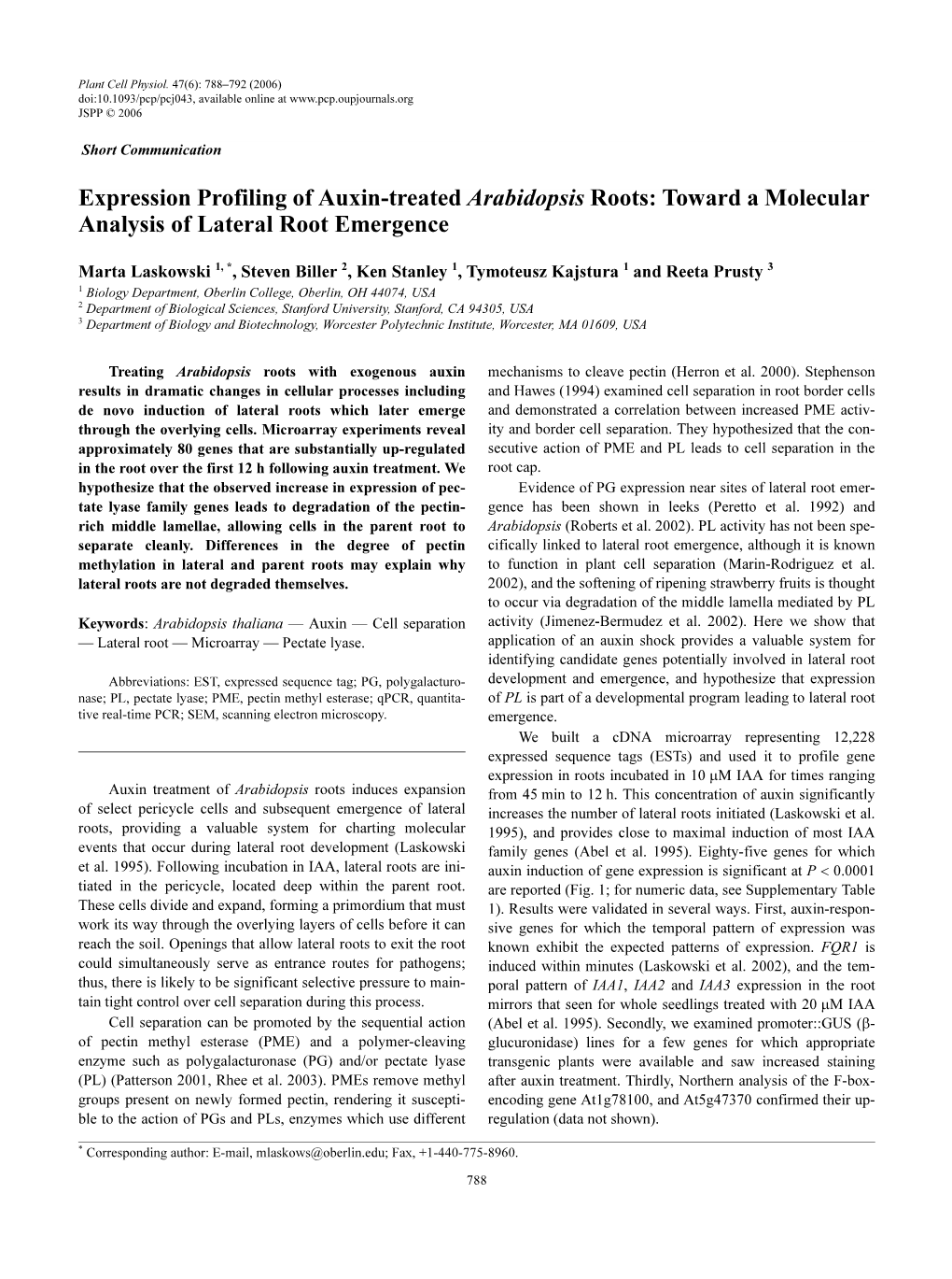 Expression Profiling of Auxin-Treated Arabidopsis Roots: Toward a Molecular Analysis of Lateral Root Emergence