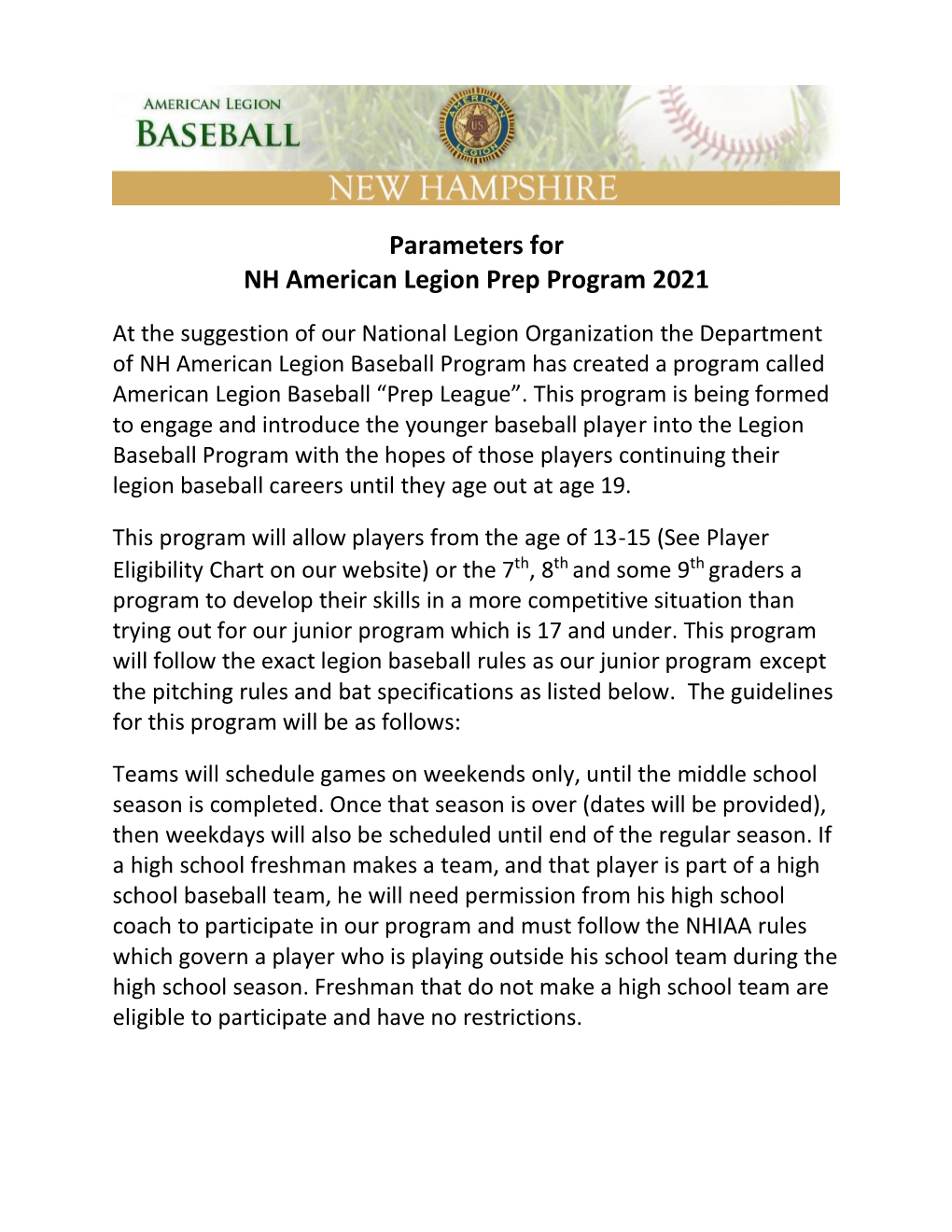 Parameters for NH American Legion Prep Program 2021