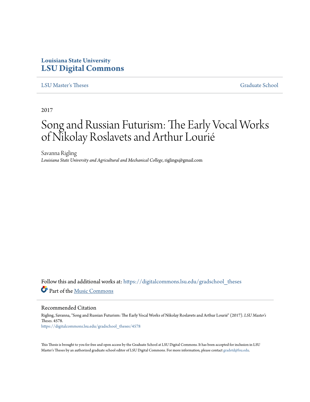 Song and Russian Futurism: the Early Vocal Works of Nikolay Roslavets and Arthur Lourié" (2017)