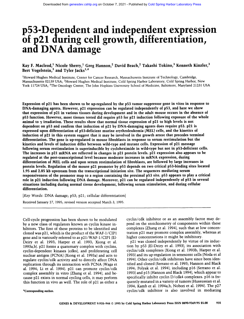 P53-Dependent and Independent Expression of P21 During Cell Growth, Differentiation, and DNA Damage