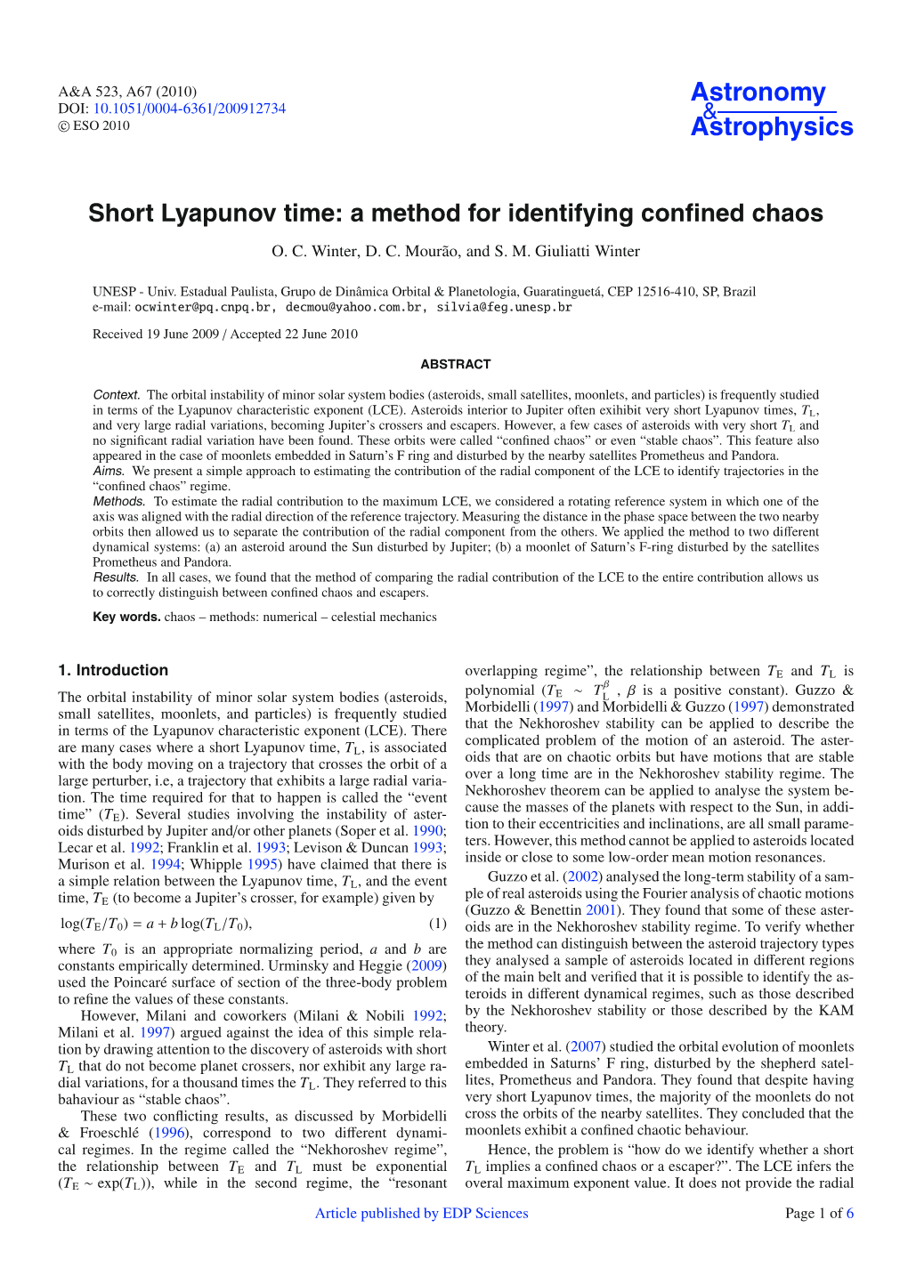 Short Lyapunov Time: a Method for Identifying Confined Chaos