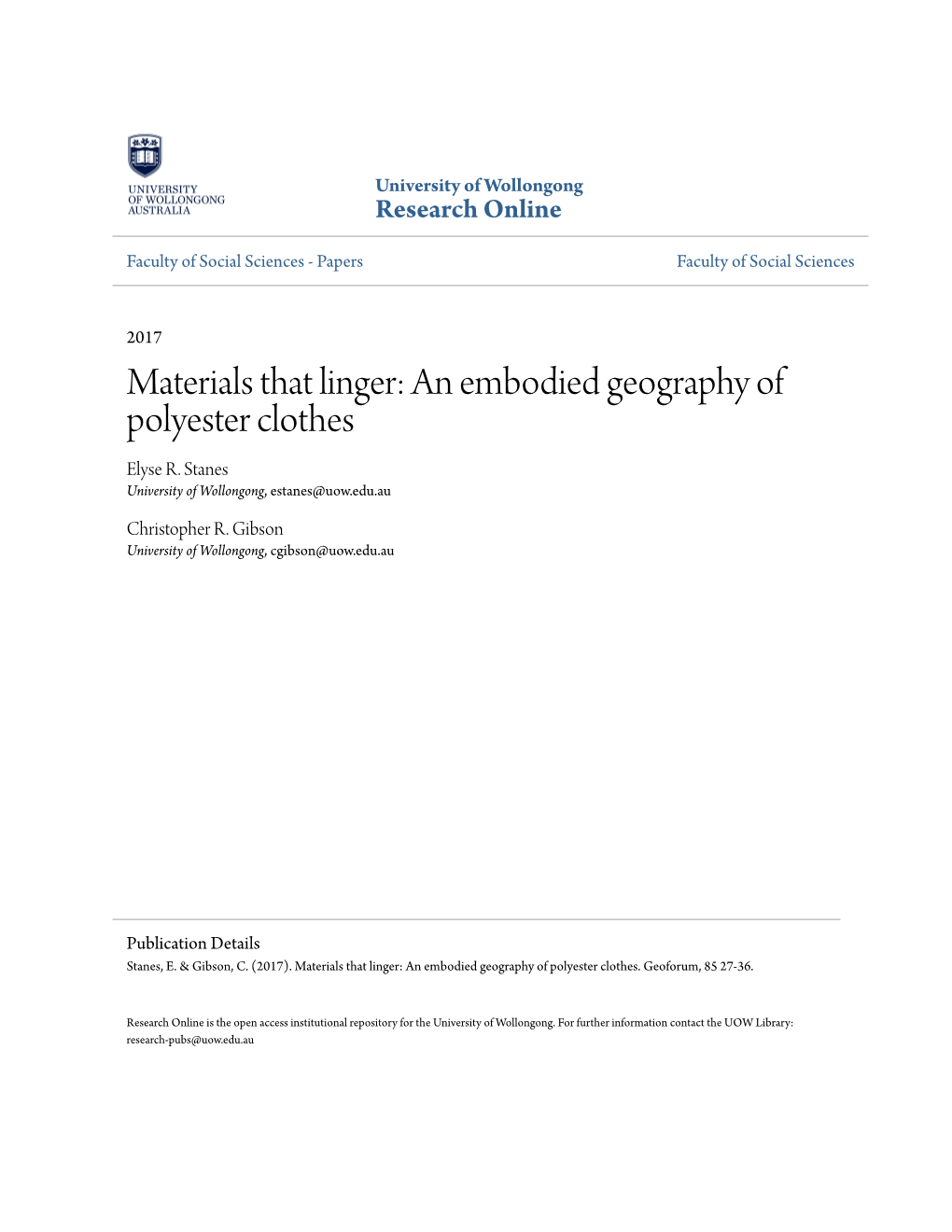 Materials That Linger: an Embodied Geography of Polyester Clothes Elyse R