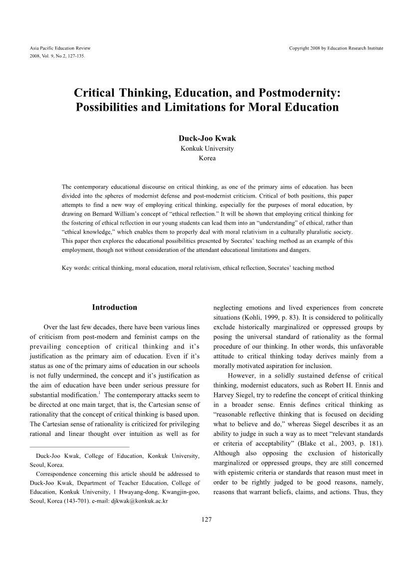 Critical Thinking, Education, and Postmodernity: Possibilities and Limitations for Moral Education