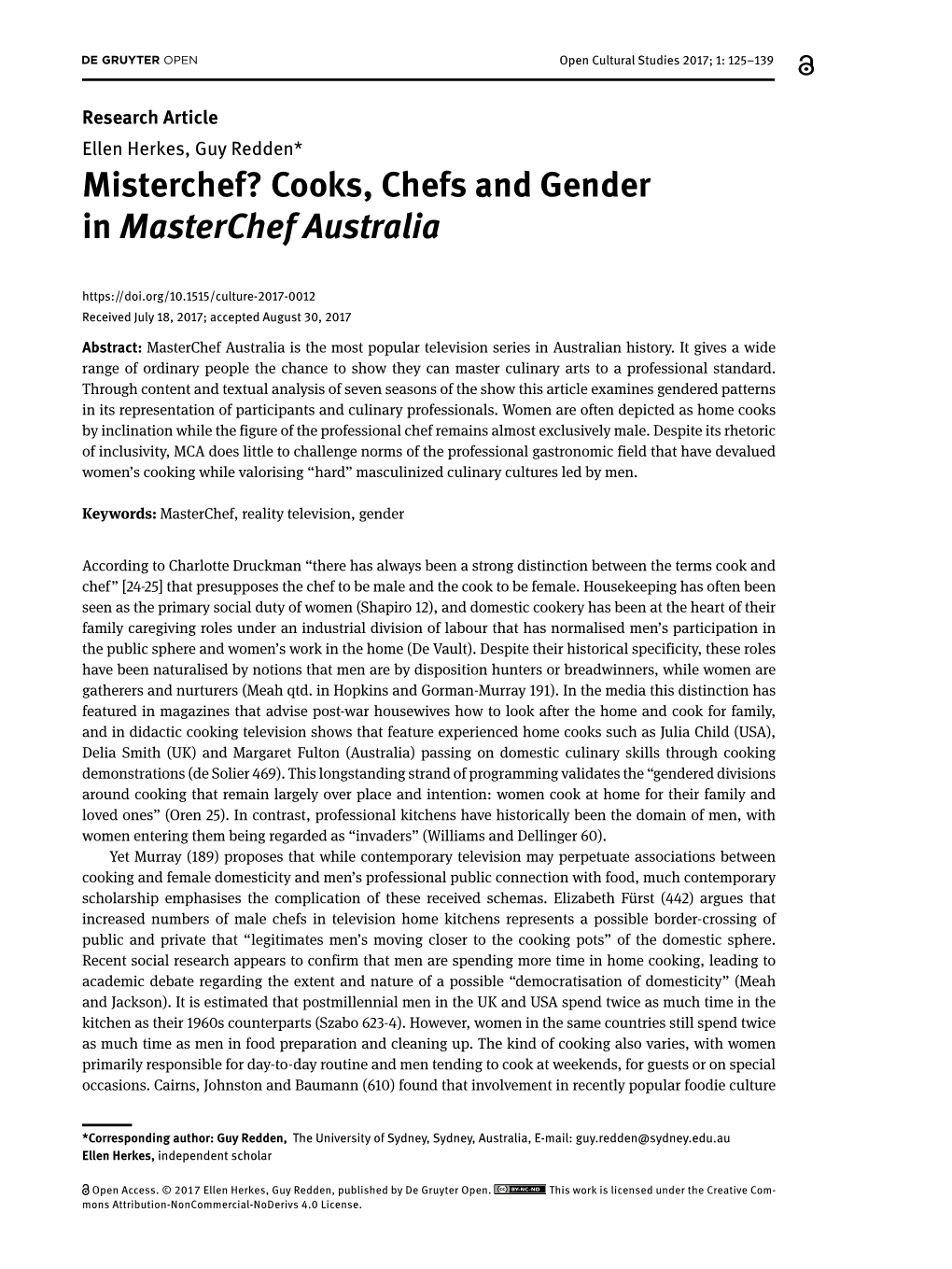 Misterchef? Cooks, Chefs and Gender in Masterchef Australia