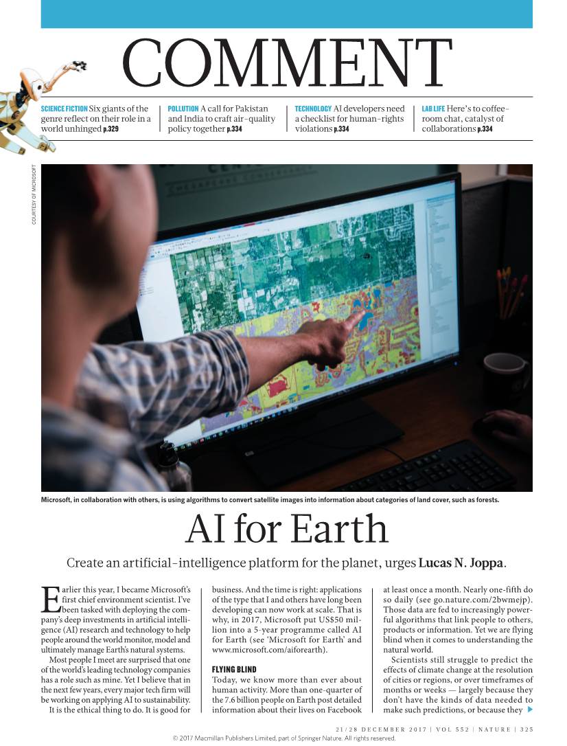 AI for Earth Create an Artificial-Intelligence Platform for the Planet, Urges Lucas N