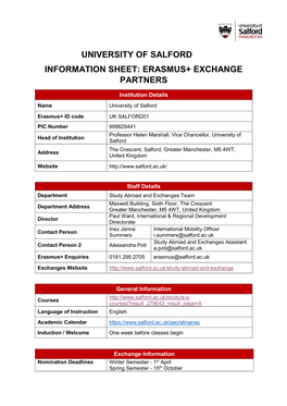 University of Salford Information Sheet: Erasmus+ Exchange Partners