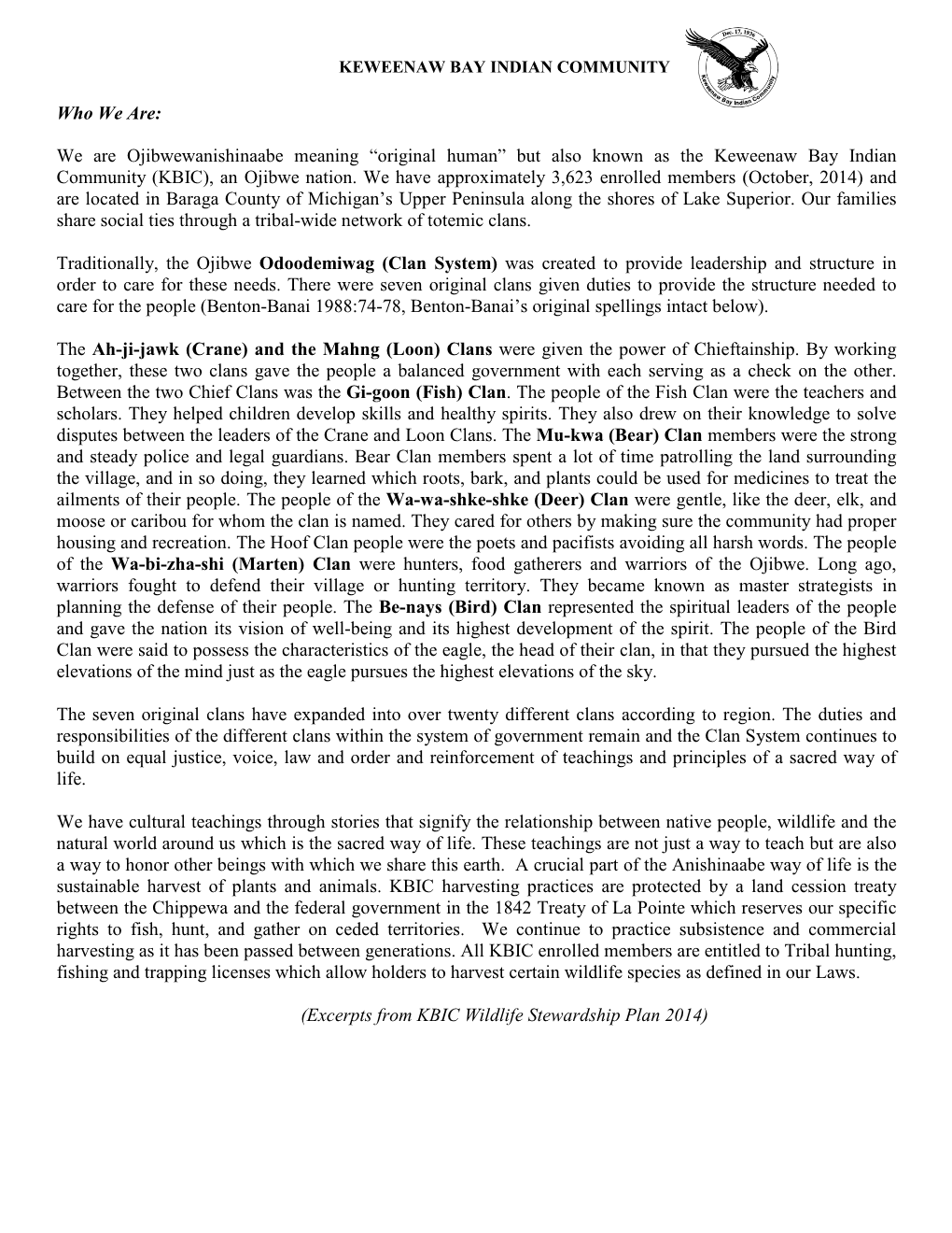 We Are Ojibwewanishinaabe Meaning “Original Human” but Also Known As the Keweenaw Bay Indian Community (KBIC), an Ojibwe Nation