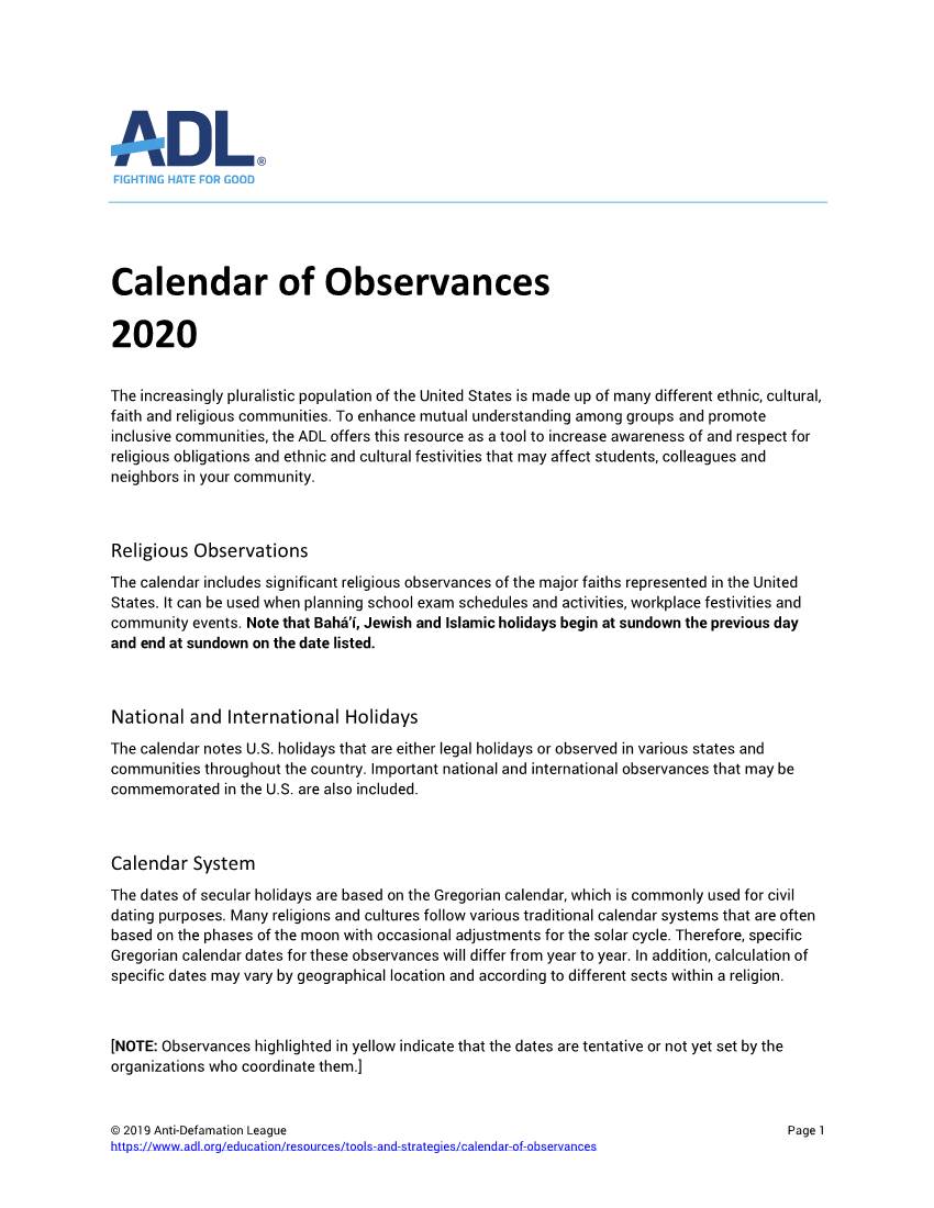 Calendar of Observances 2020