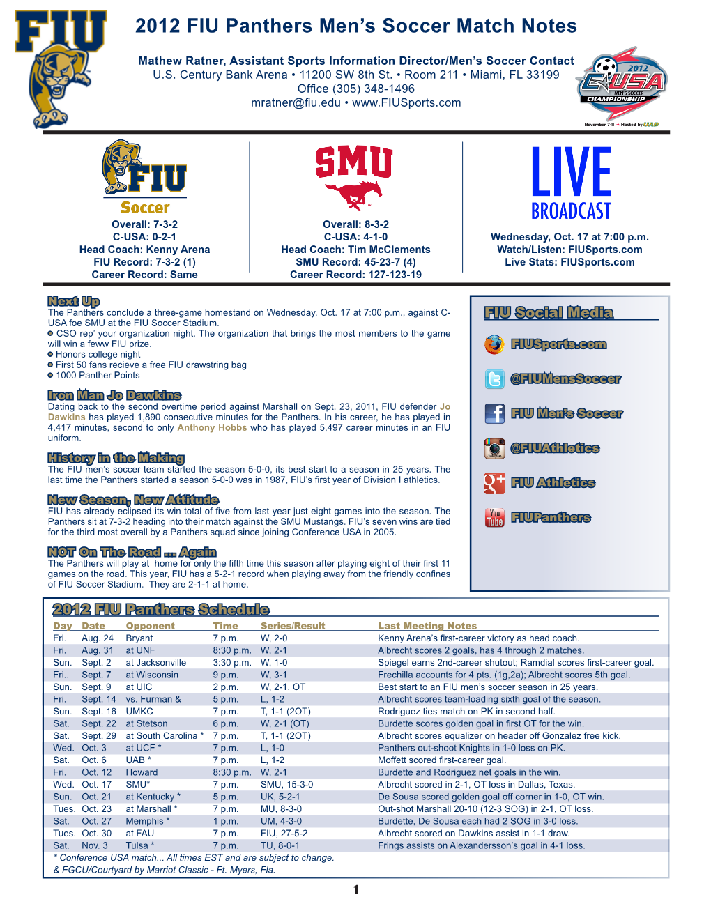 2012 FIU Panthers Men's Soccer Match Notes