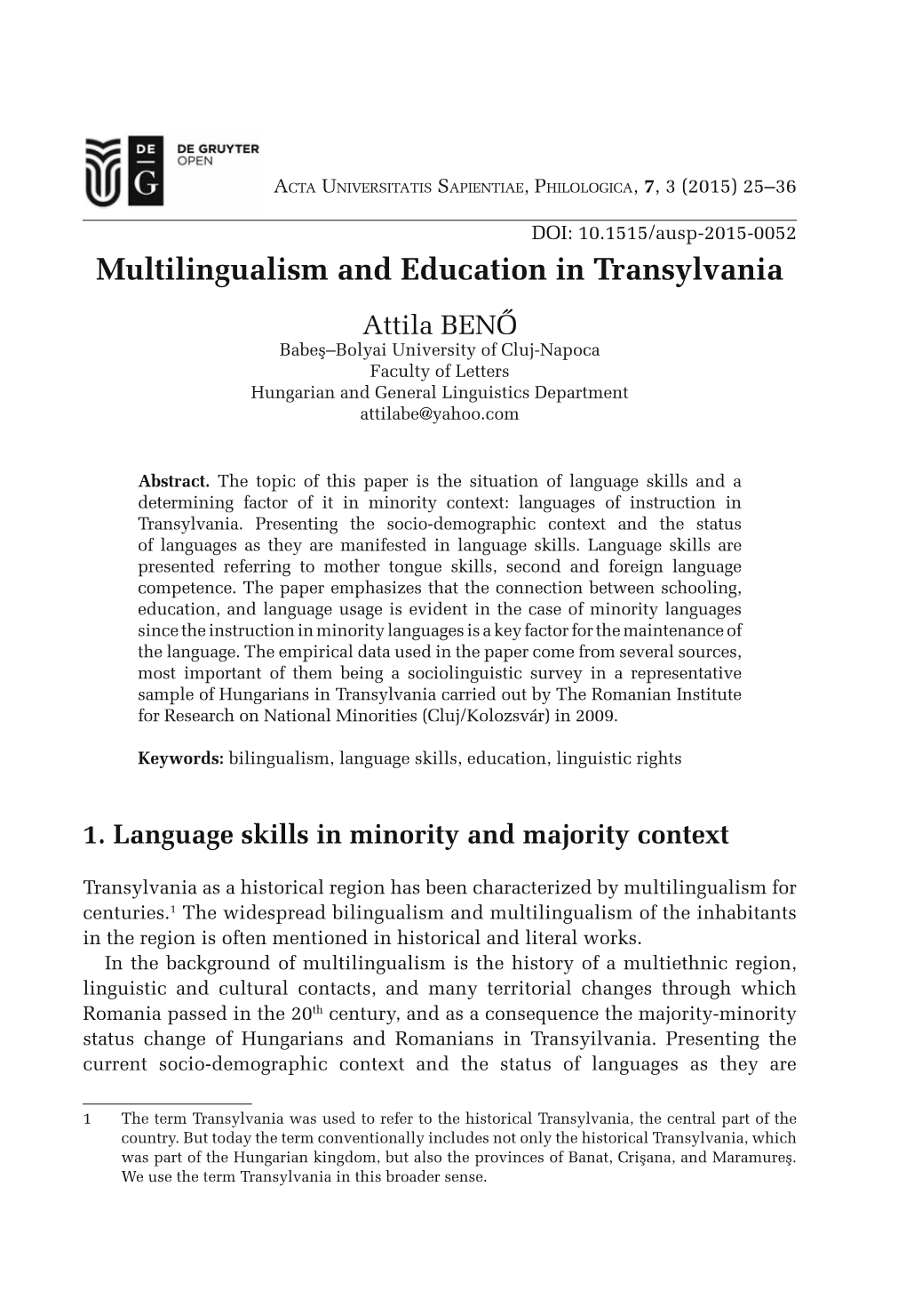 Multilingualism and Education in Transylvania
