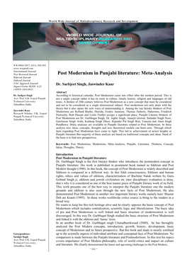 Post Modernism in Punjabi Literature: Meta-Analysis Refereed Journal Indexed Journal UGC Approved Journal Dr