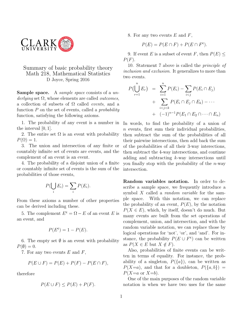 Summary of Basic Probability Theory Math 218, Mathematical Statistics