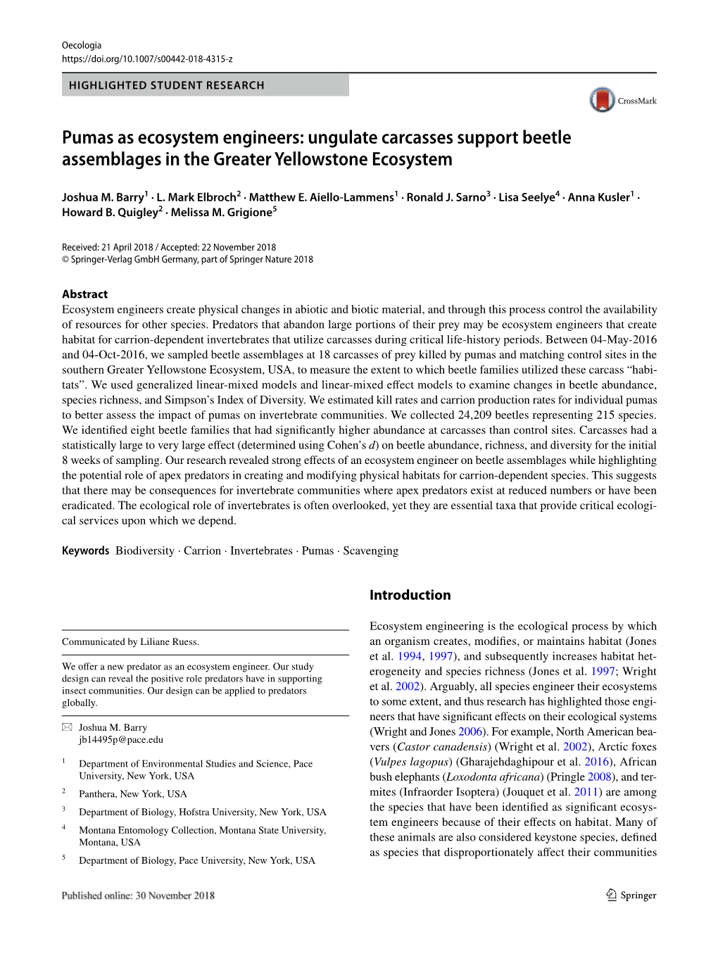 Pumas As Ecosystem Engineers: Ungulate Carcasses Support Beetle Assemblages in the Greater Yellowstone Ecosystem