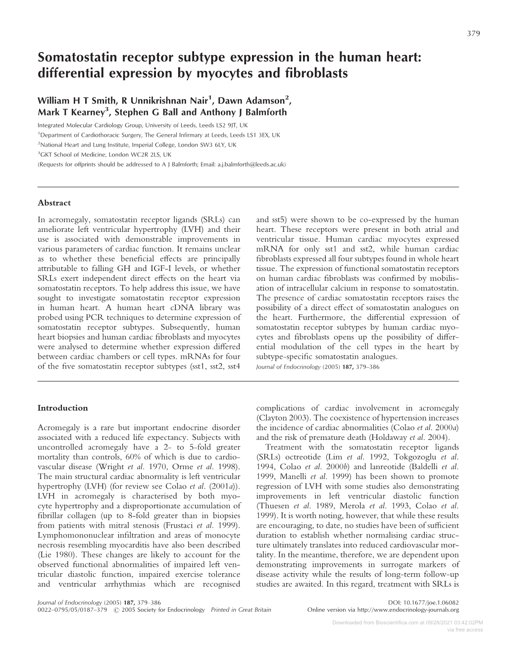 Somatostatin Receptor Subtype Expression in the Human Heart: Differential Expression by Myocytes and ﬁbroblasts