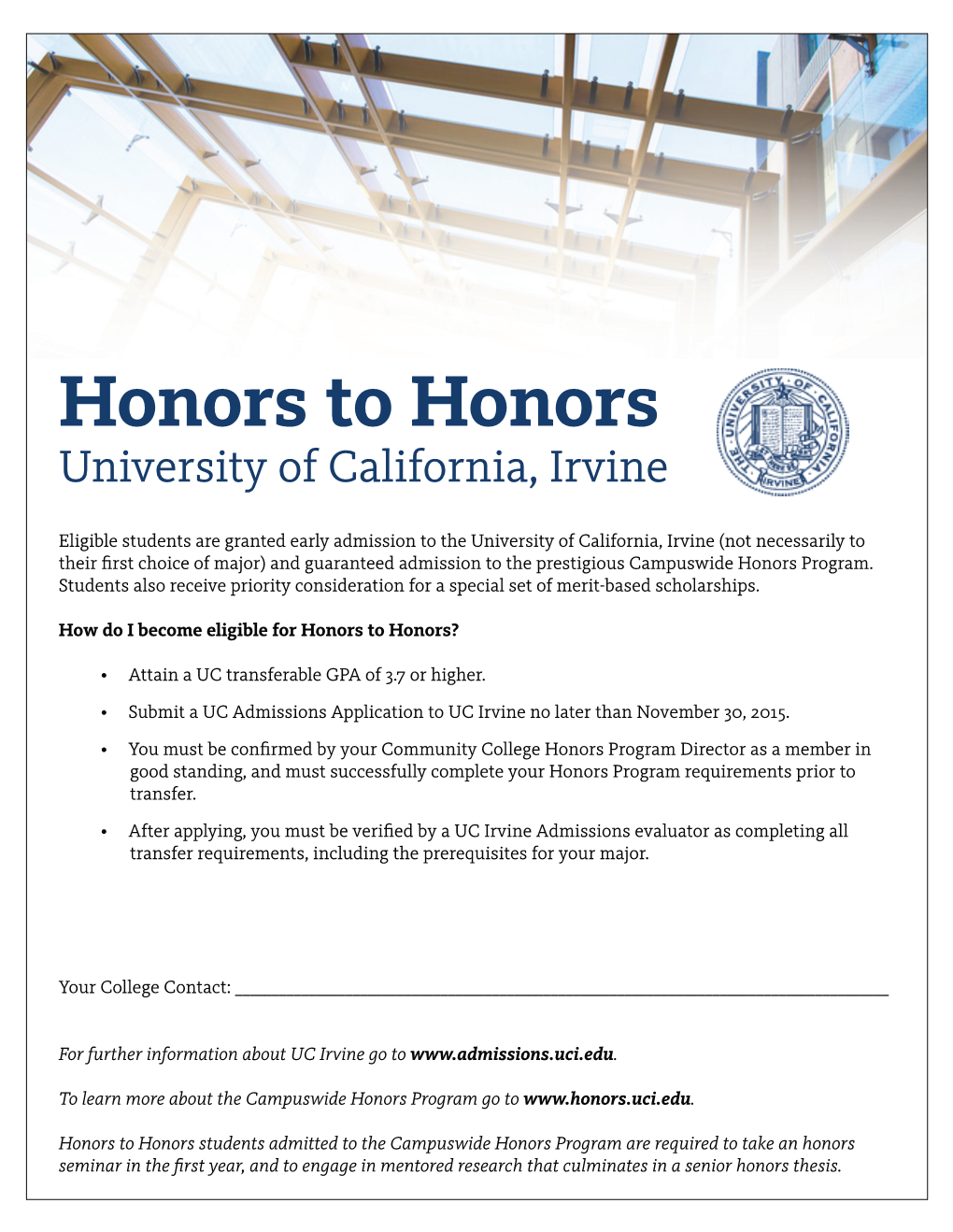 Honors to Honors University of California, Irvine