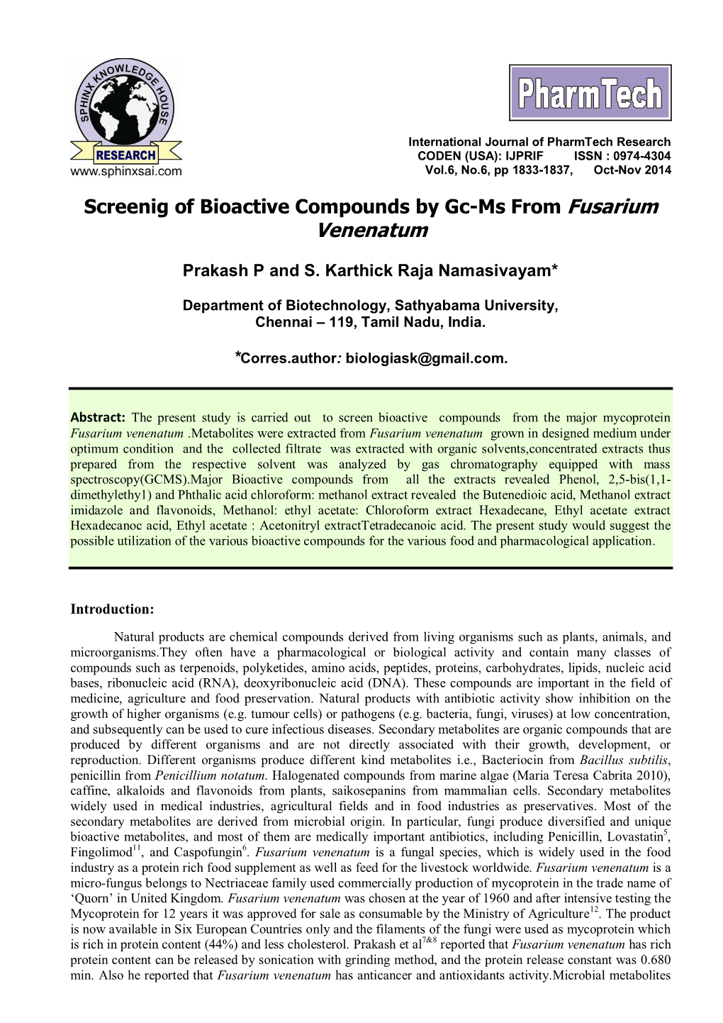 Screenig of Bioactive Compounds by Gc-Ms from Fusarium Venenatum