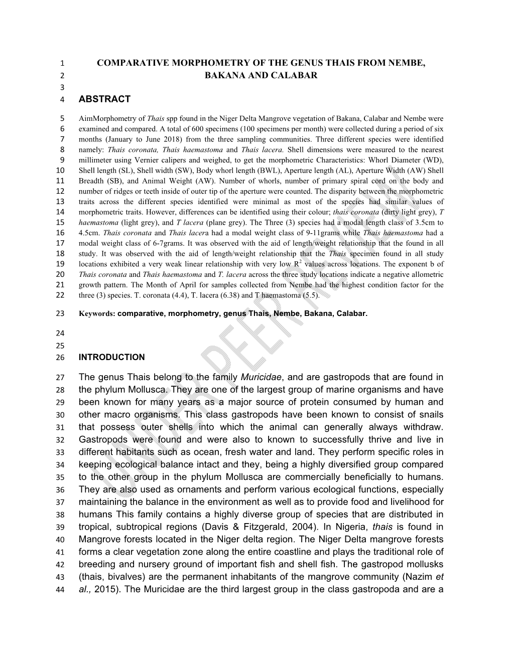 Comparative Morphometry of the Genus Thais from Nembe, 2 Bakana and Calabar 3 4 Abstract