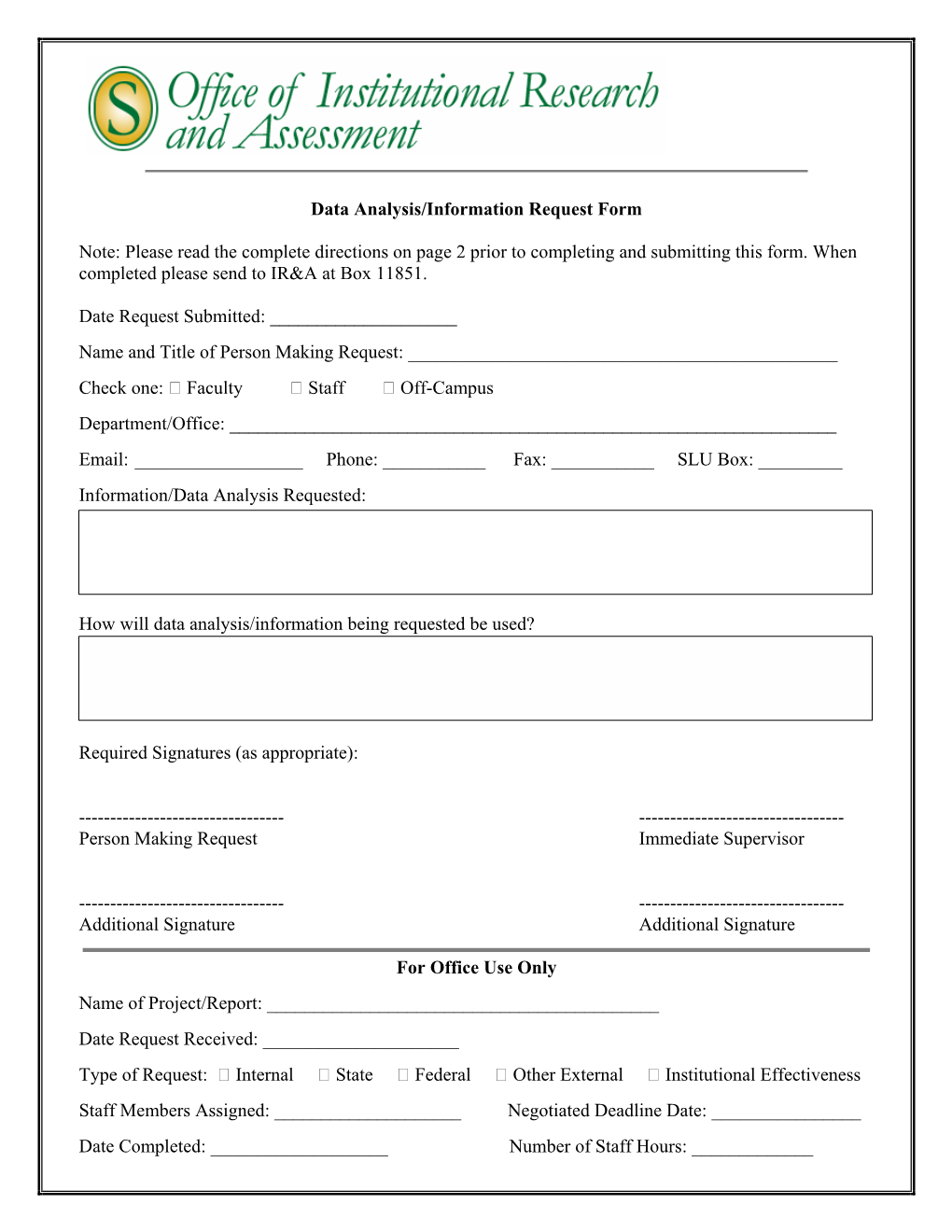 Data Analysis/Information Request Form Note