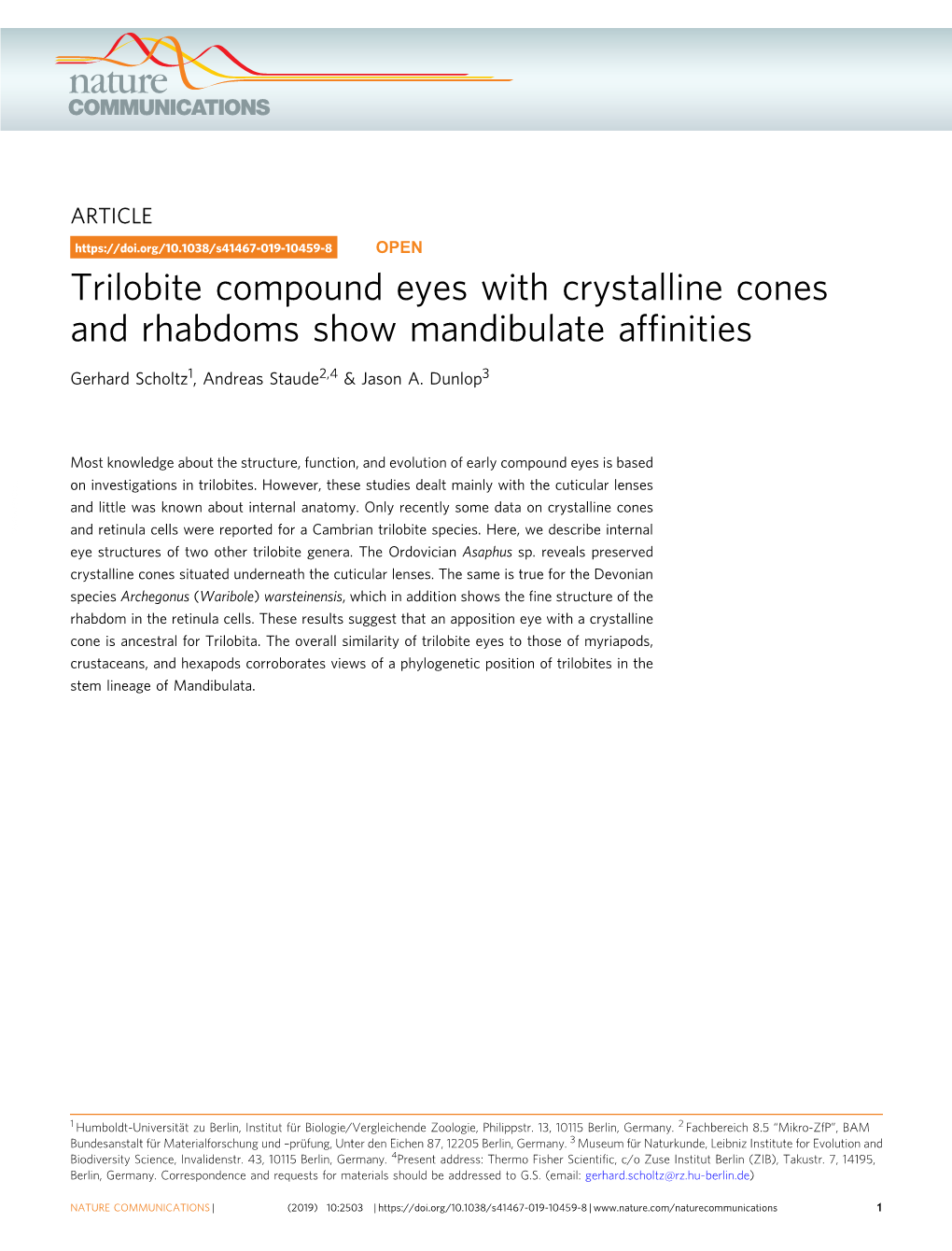 Trilobite Compound Eyes with Crystalline Cones and Rhabdoms Show Mandibulate Affinities