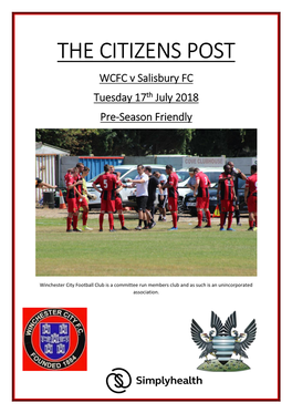 THE CITIZENS POST WCFC V Salisbury FC Tuesday 17Th July 2018 Pre-Season Friendly