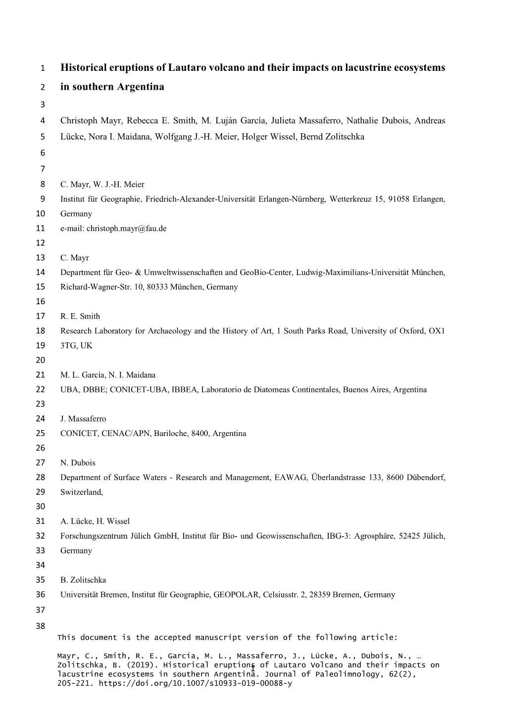 Historical Eruptions of Lautaro Volcano and Their Impacts on Lacustrine Ecosystems