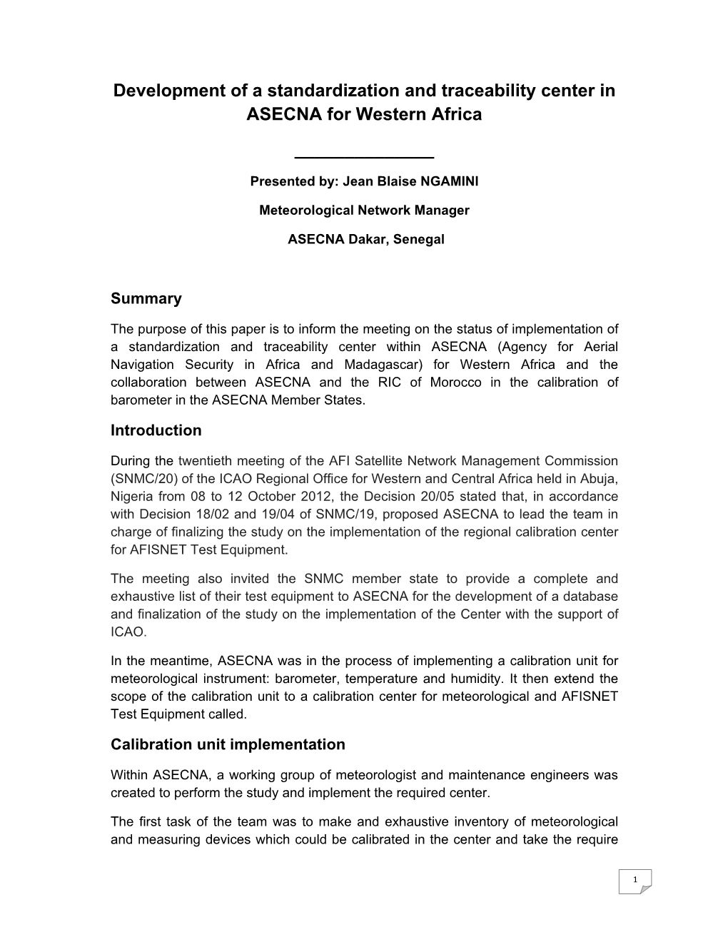 Development of a Standardization and Traceability Center in ASECNA for Western Africa ______