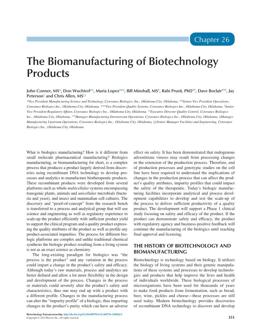The Biomanufacturing of Biotechnology Products