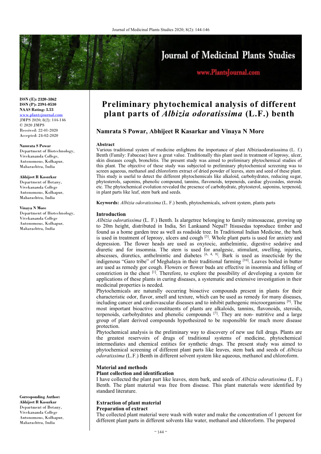 Preliminary Phytochemical Analysis of Different Plant Parts of Albizia