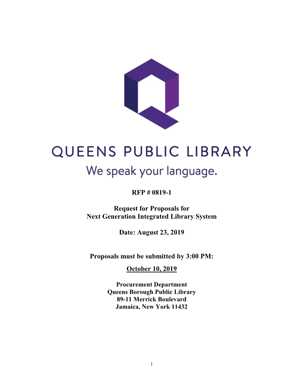 RFP # 0819-1 Request for Proposals for Next Generation Integrated Library System Date
