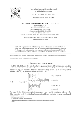 Stolarsky Means of Several Variables