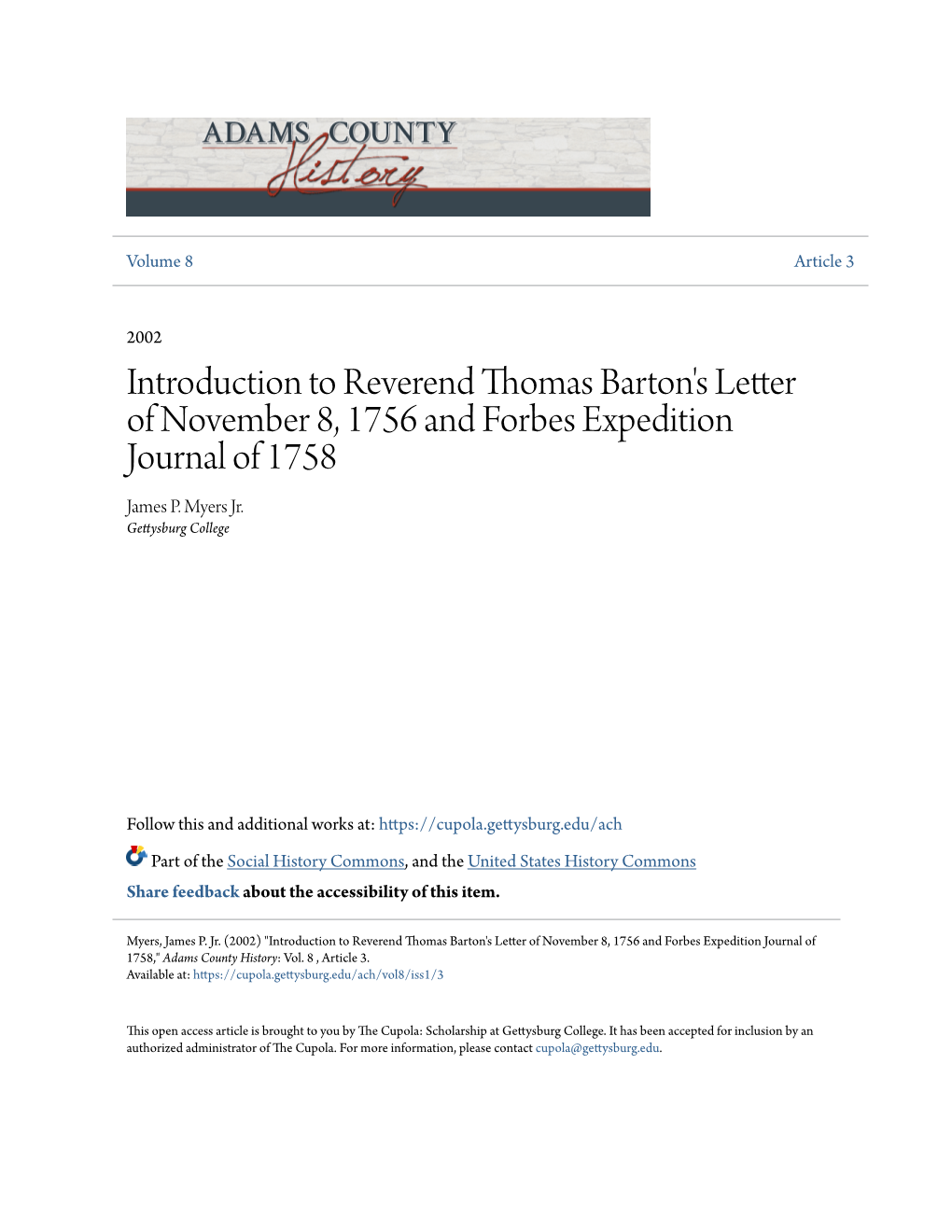 Introduction to Reverend Thomas Barton's Letter of November 8, 1756 and Forbes Expedition Journal of 1758 James P