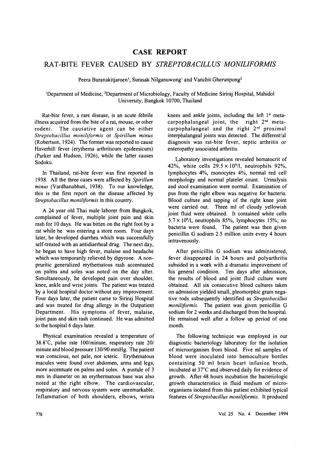 Case Report Rat-Bite Fever Caused by Streptobacillus Moniliformis