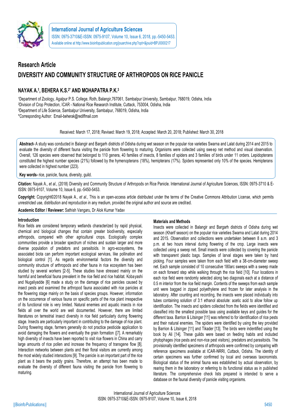 Research Article DIVERSITY and COMMUNITY STRUCTURE of ARTHROPODS on RICE PANICLE