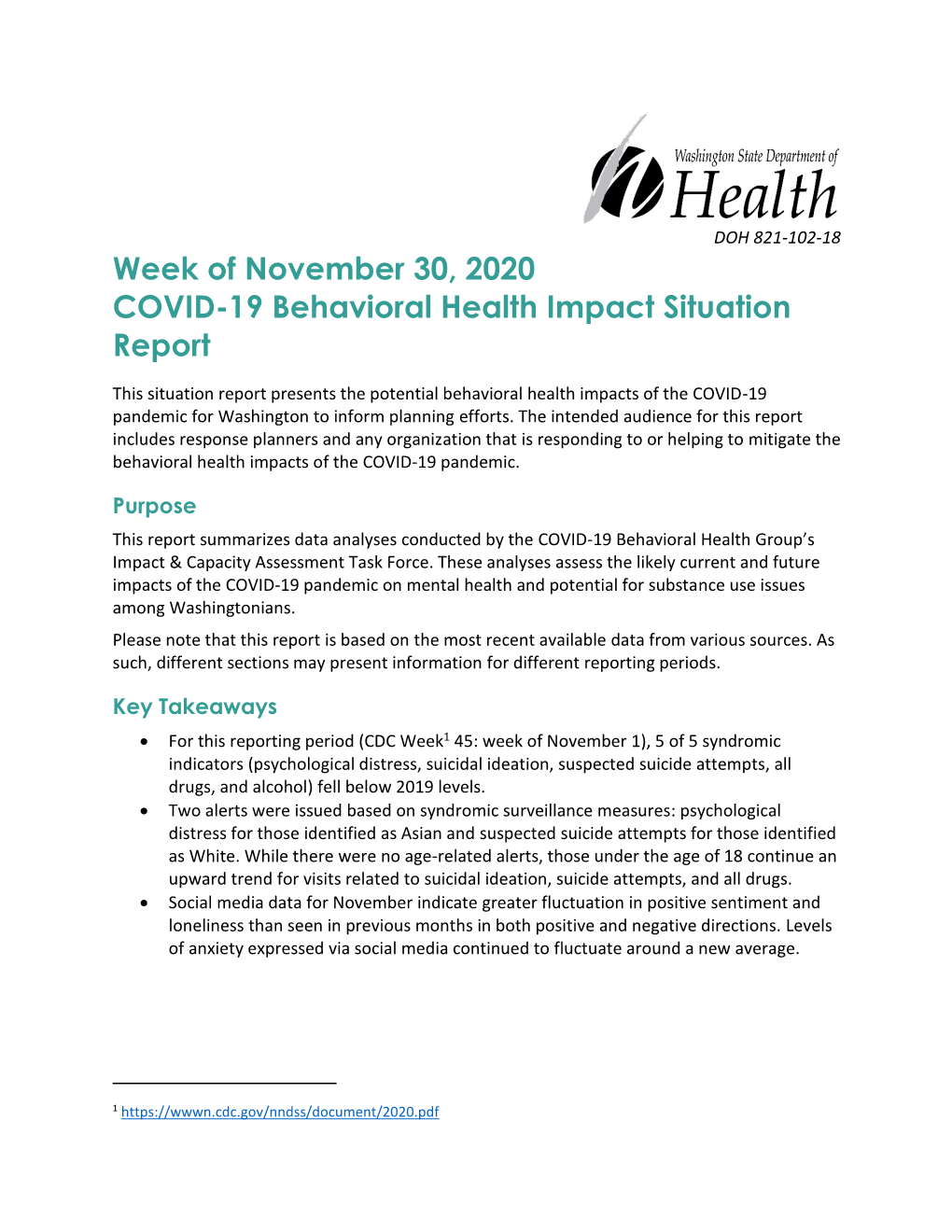 Week of November 30, 2020 COVID-19 Behavioral Health Impact Situation Report