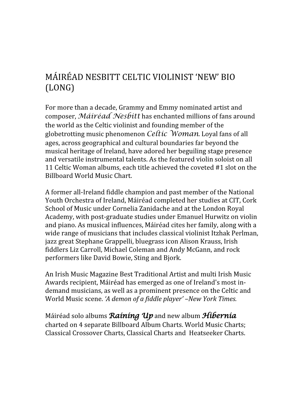 Máiréad Nesbitt Celtic Violinist 'New' Bio