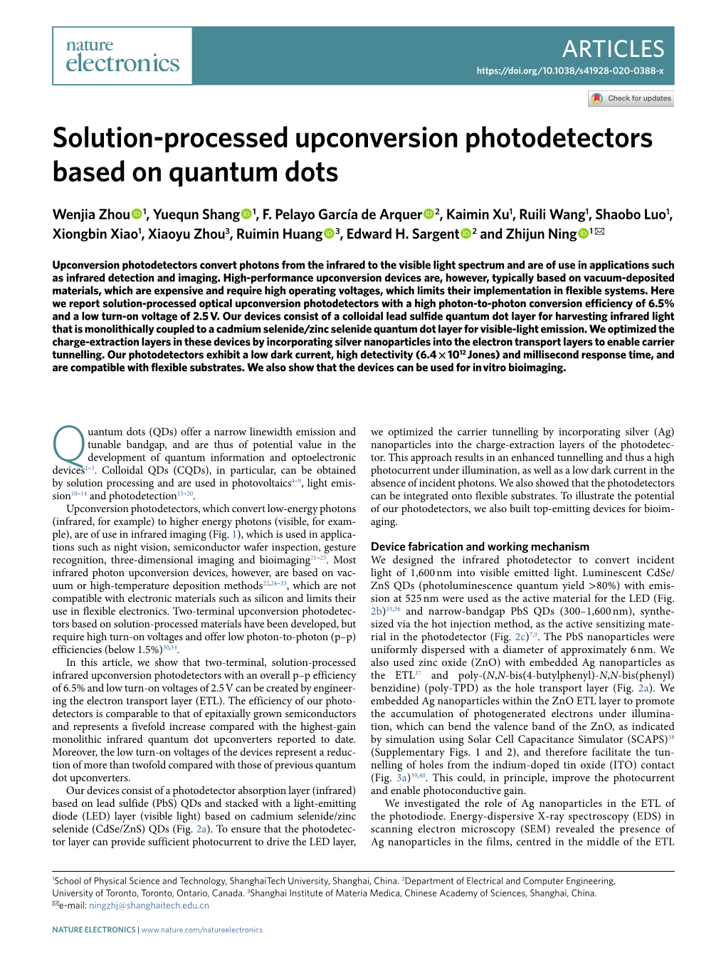 Solution-Processed Upconversion Photodetectors Based on Quantum Dots