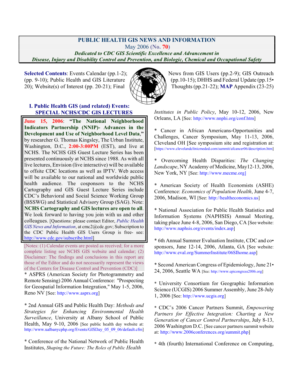 Public Health GIS News and Information, No. 70 (May 2006)