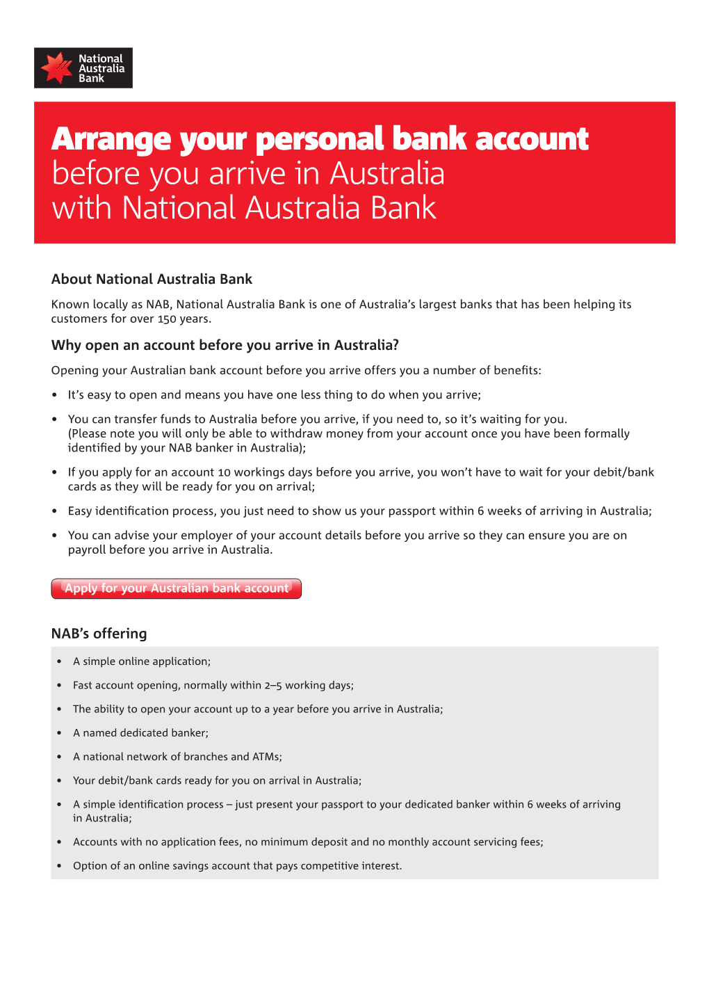 Arrange Your Personal Bank Account Before You Arrive in Australia with National Australia Bank