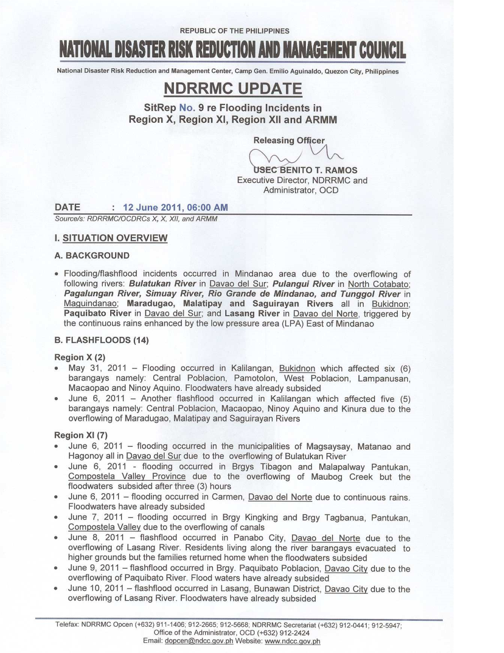 NDRRMC Update Sitrep No. 9 Flashfloods in Reg X, XI,XII, & ARMM 12 June2011