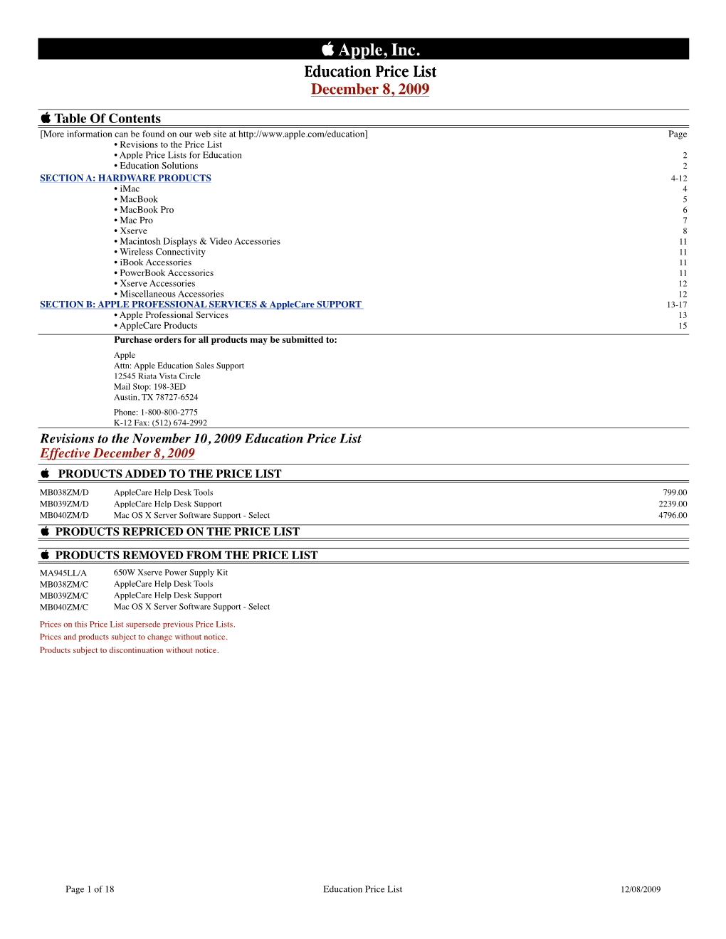 Apple, Inc. Education Price List December 8, 2009