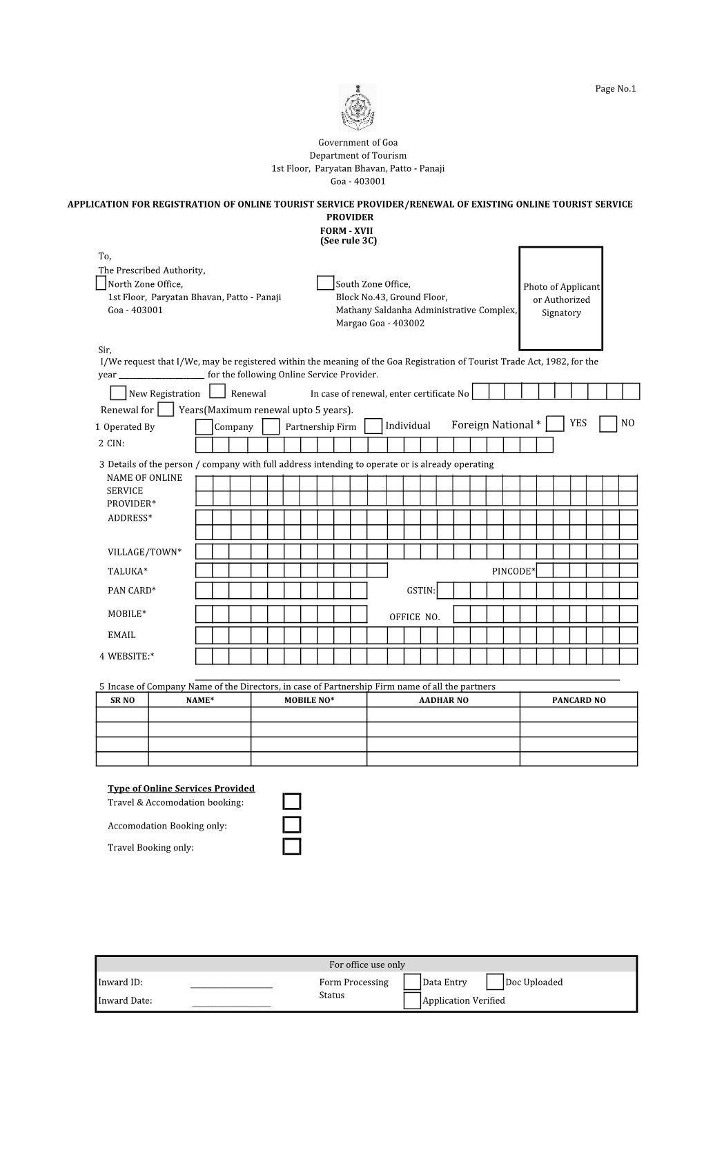 Application for Registration of Online Tourist Service Provider/Renewal Of