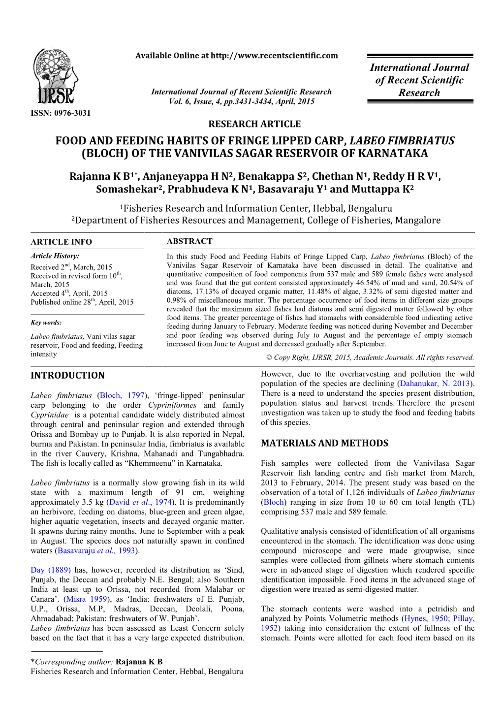 Food and Feeding Habits of Fringe Lipped Carp, Labeo Fimbriatus (Bloch) of the Vanivilas Sagar Reservoir of Karnataka