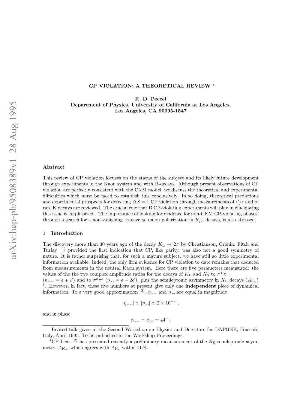 Arxiv:Hep-Ph/9508389V1 28 Aug 1995 Metry, Auso H H W Ope Mltd Aisfrtedcy of Decays the for Are Ratios There Amplitude Here Complex Two System