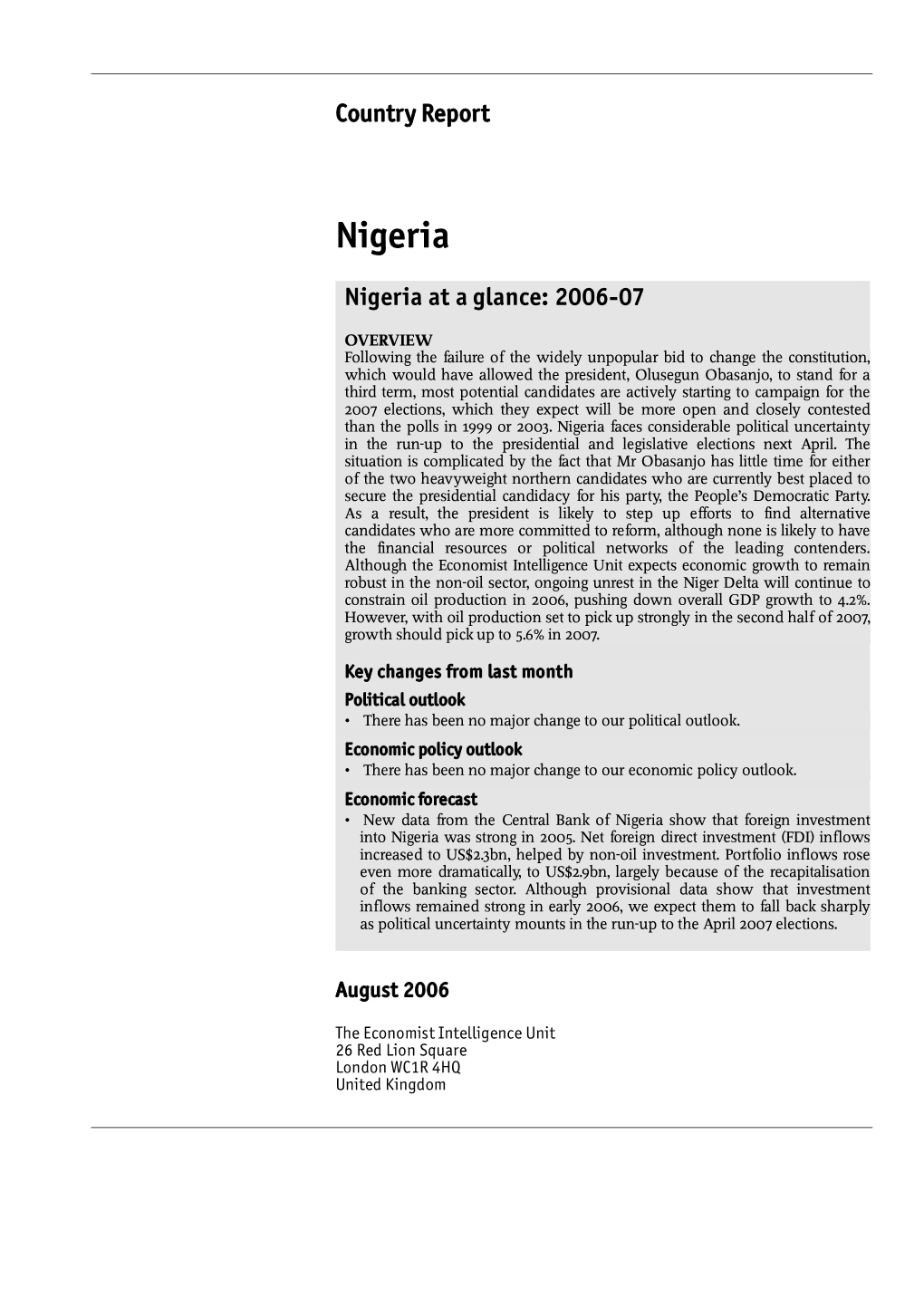 Nigeria at a Glance: 2006-07
