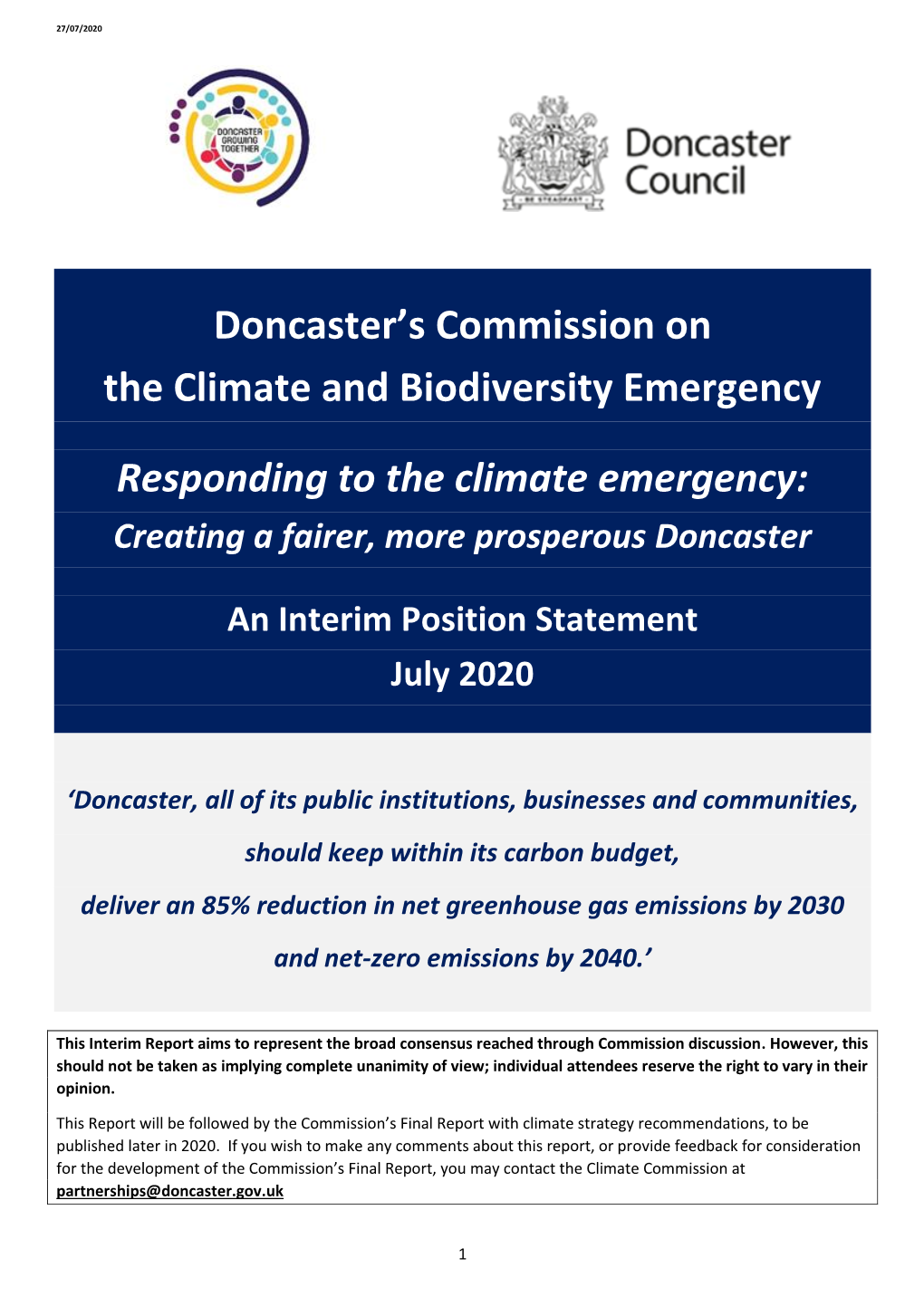 Doncaster's Commission on the Climate and Biodiversity Emergency Responding to the Climate Emergency