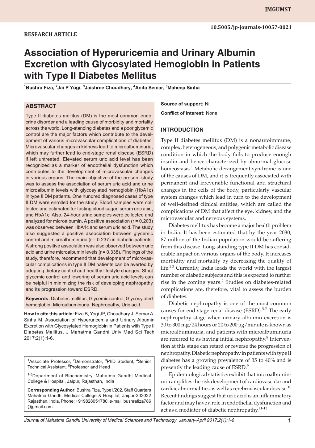 Association of Hyperuricemia and Urinary Albumin Excretion With10.5005/Jp-Journals-10057-0021 Glycosylated Hemoglobin in Patients RESEARCH ARTICLE