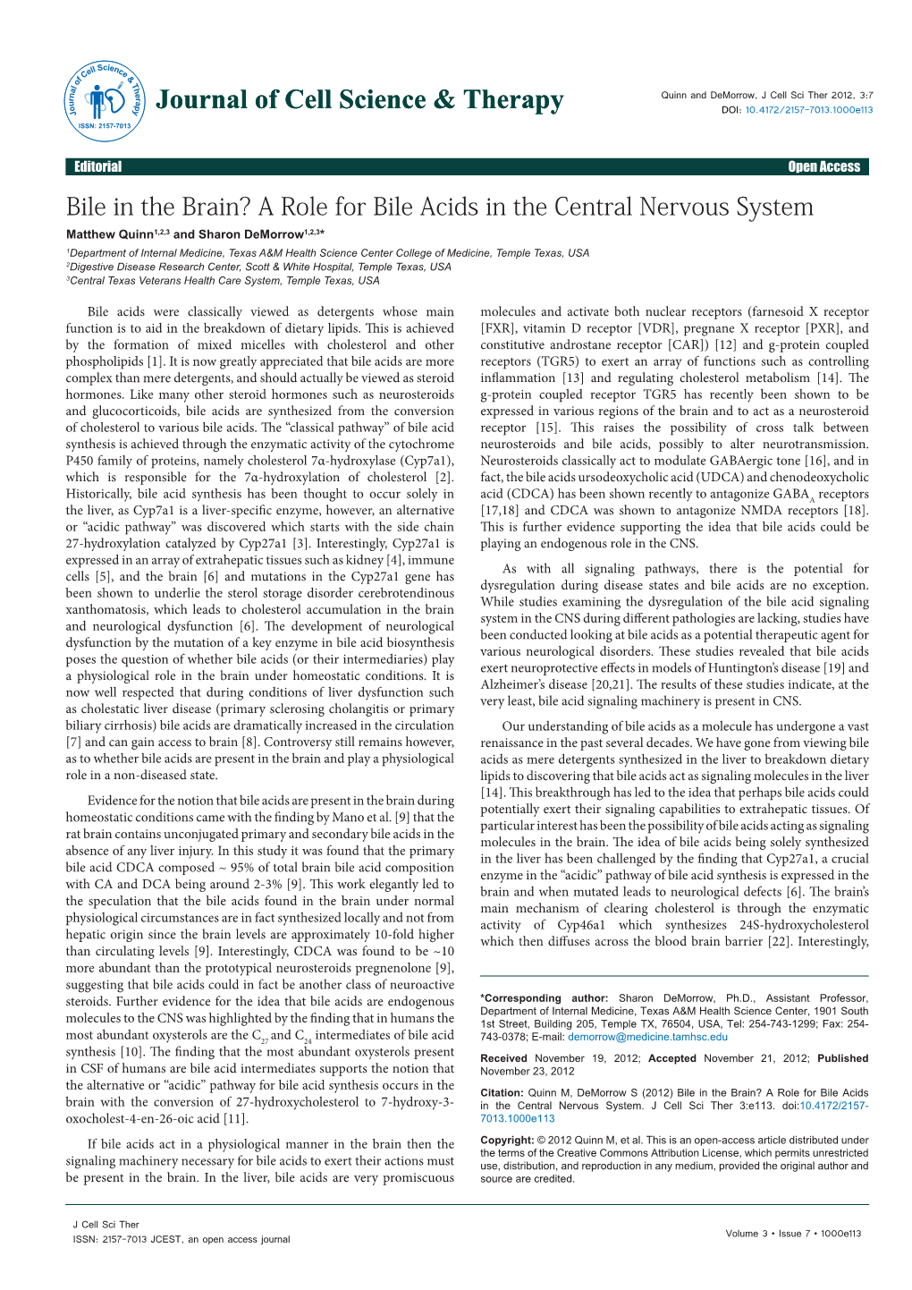 Bile in the Brain? a Role for Bile Acids in the Central Nervous System