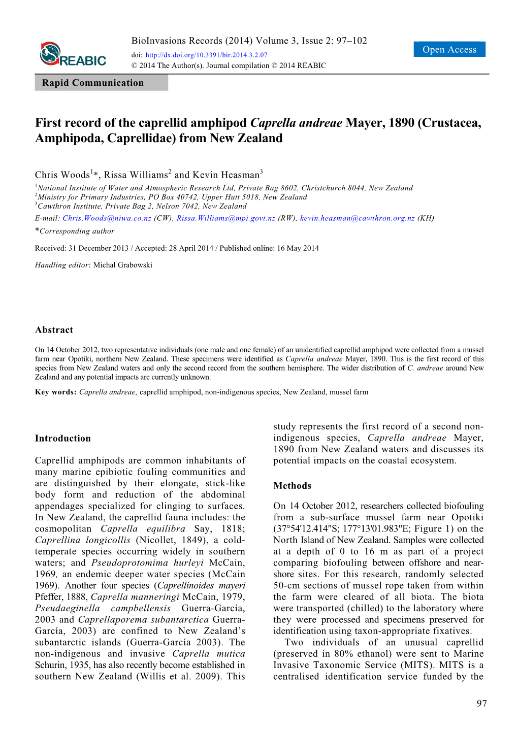 First Record of the Caprellid Amphipod Caprella Andreae Mayer, 1890 (Crustacea, Amphipoda, Caprellidae) from New Zealand